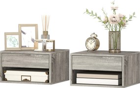 HOMCOM 2 db lebegő fali éjjeliszekrény, kihúzható fiók és nyitott polc, szürke — 37 x 32 x 21 cm | Aosom