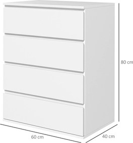 HOMCOM 4-fiókos Komód Modern Stílusú Tároló Szekrény Puha Zár Mechanizmussal - 60 x 40 x 80 cm, Fehér | Aosom