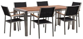 Hatszemélyes étkezőasztal eukaliptusz asztallappal és fekete textilén székekkel GROSSETO Beliani