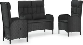 vidaXL 3 részes fekete polyrattan kerti étkezőgarnitúra párnákkal
