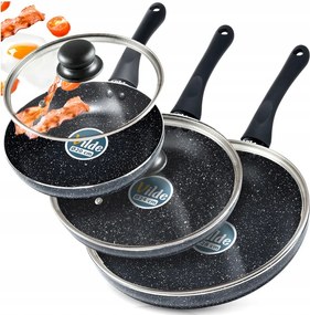 3x GrĂĄnit serpenyĆ pĂĄrolĂł sĂŒtĂ©shez szett fedĆvel 20 24 28 cm