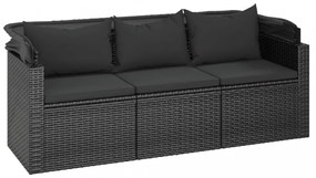 3-személyes fekete polyrattan kanapé tetővel és lábtartóval