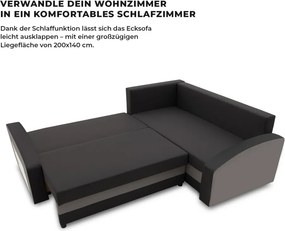 Grande sarokkanapé polcokkal , polc a bal karfaban, jobboldali, szövet anyag, bonell töltet, fekete - szürke
