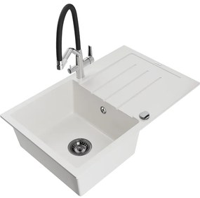 Mexen Bruno egykamrás gránit mosogató csepegtetővel és Duo konyhai csappal, fehér - 6513-20-671701-07-B