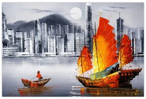 Festmény - Victoria Harbour, Hong Kong, fekete-fehér olajfestmény (90x60 cm)