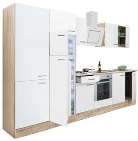 Yorki 330 konyhabútor sonoma tölgy korpusz,selyemfényű fehér front alsó sütős elemmel polcos szekrénnyel és felülfagyasztós hűtős szekrénnyel