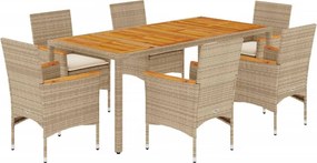 vidaXL 7 részes bézs polyrattan/akácfa kerti étkezőgarnitúra párnákkal