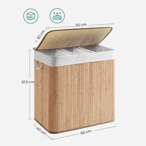 Bambusz szennyeskosár 3 rekesszel, fedéllel és fogantyúkkal, 150 literes