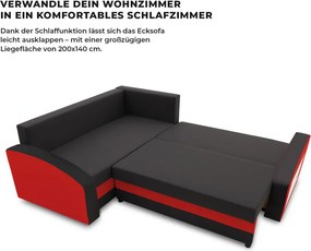 Grande sarokkanapé polcokkal , polc a jobb karfaban, baloldali, szövet anyag, hab töltet, fekete - piros