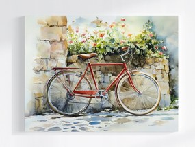 Vászonkép Canvas Régi Piros Kerékpár Fal Virágok Macskakő 100x75