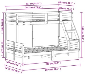 viaszbarna tömör fenyőfa emeletes ágy 80 x 200/120 x 200 cm