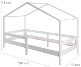 Fehér tömörfa ágyneműtartós házikó alakú gyerekágy ágyráccsal 90x200 cm – Roba