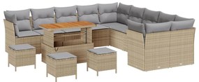14 részes kerti kanapészett párnákkal bézs poli rattan akáccal, 4 részes kerti étkezőszett párnákkal bézs poli rattan akáccal
