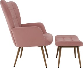 Fotel lábtartóval, rózsaszín Velvet szövet/tölgy, HABEN