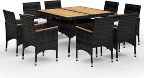vidaXL 9 részes fekete polyrattan és tömör fa kerti étkezőgarnitúra