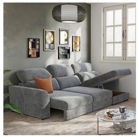 Univerzális ággyá nyitható háromszemélyes sarokkanapé tárolóval TRENTO szürke