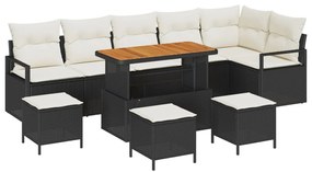 9 Darabos Kerti Kanapé Készlet Párnákra Fekete Poli Rattan Akácia, 2 Személyes Kerti Kanapé Párnákra Fekete Poli Rattan, 3 Darabos Kerti Étkező Készlet Párnákkal Fekete Poli Rattan Akácia