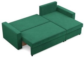 Zeus sarokkanapé, 2 ágyneműtartóval, egyenes kartámasz, bársony, univerzális oldal, hab töltet, zöld