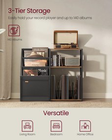 Lemezjátszó állvány, 3 szintes, vinyl lemezek tárolására, rusztikus barna
