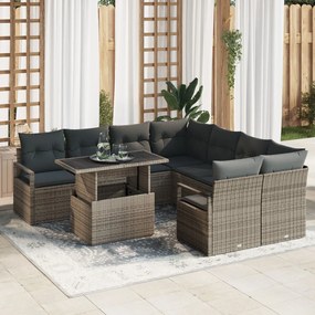 9 darabos kerti kanapé szett párnákkal, szürke, poli rattan, 2 fős kerti kanapé párnákkal, szürke, poli rattan