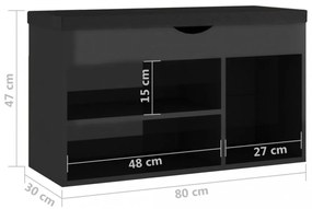 magasfényű fekete cipőtároló pad párnával 80 x 30 x 47 cm