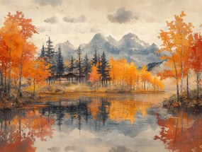 Vászonkép Canvas Tájkép Ősz Tó Fák Hegyek Tükröződés 100x75