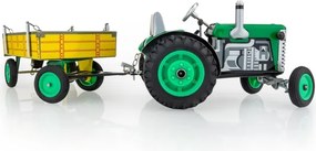 KOVAP kulccsal felhúzható traktor platós pótkocsival, zöld/sárga