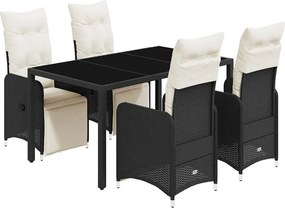 vidaXL 5 részes fekete polyrattan kerti bisztrógarnitúra párnákkal