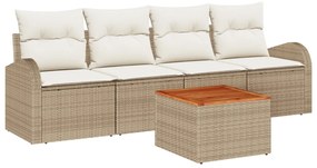 5 Darabos Kerti Sofa Szett Párnákkal Bézs Poli Rattan Akáciával