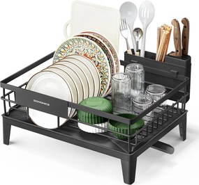 Edényszárító állvány, 360°-ban forgatható és kihúzható lefolyóval, fekete