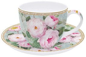 Rózsás porcelán teás csésze aljjal díszdobozban