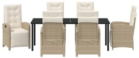 7 db-os Kerti Étkezőszett Párnákkal Bézs Poli Rattan, Kerti Asztal Fekete 200x80x73 cm Edzett Üveg