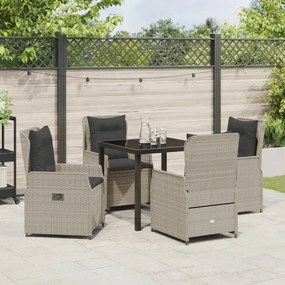 5 darabos kert étkezőszett világosszürke poli rattan, kert asztal fekete 80x80x73 cm edzett üveg