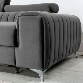 Sötétszürke bársony kinyitható-tárolóhelyes sarokkanapé (bal oldali-heverő résszel) Grayson – ELTAP