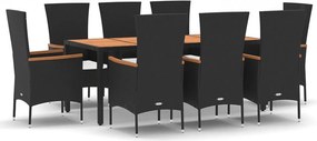 vidaXL 9 részes fekete polyrattan kerti étkezőgarnitúra párnákkal