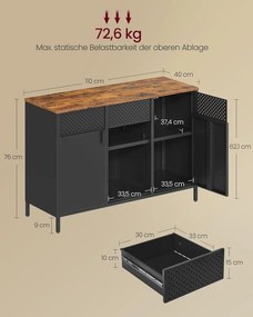 Tárolószekrény, Fém szekrény, 40 x 110 x 76 cm, vintage barna, matt fekete