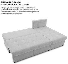 Venezia sarokkanapé, 3 ágyneműtartóval, kordbársony, univerzális oldal, hab töltet, szürke