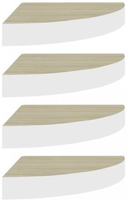 4 db tölgyszínű és fehér MDF fali sarokpolc 25 x 25 x 3,8 cm
