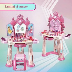 Sminkasztal lányoknak, szék és tükör, különböző kiegészítők, fények, zene, hercegnős matricák, fiók, rózsaszínű
