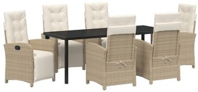 7 db-os Kerti Étkezőszett Párnákkal Bézs Poli Rattan, Kerti Asztal Fekete 200x80x73 cm Edzett Üveg