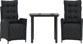 vidaXL 3 részes fekete polyrattan kerti étkezőgarnitúra párnákkal