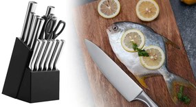 16 részes rozsdamentes késkészlet fa tartóban, élezővel, ollóval