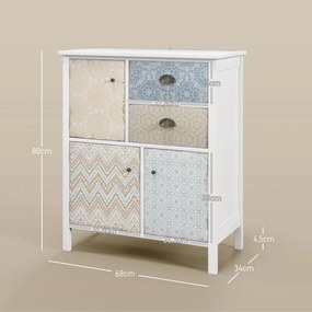 HOMCOM Tálalószekrény, shabby chic fiókos komód, 2 fiók, 3 szekrényrekesz, fenyőfa, fehér