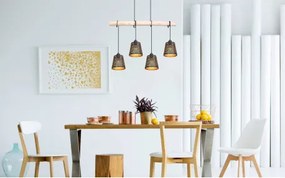Globo 15451-4H Függeszték fém fekete alaplap, fekete kábel, fém fekete-arany búrák, natúr fa betéttel kombinálva. HxSZxM:850x170x1200, fényforrás nélkül 4xE27 60W 230V