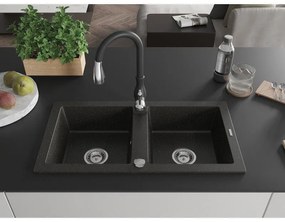 Mexen Mario, 2-kamrás gránit mosogató 820x436x161 mm és Savita mosogató csaptelep, fekete-arany metál, 6504-75-672601-70