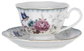 Vintage rózsa virágos madaras porcelán csésze aljjal