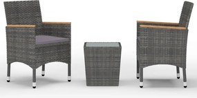 vidaXL 3 részes szürke polyrattan és edzett üveg bisztrószett
