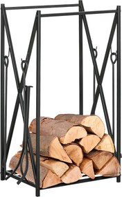 HOMCOM Kandalló Tűzifa Állvány 46x30x76 Keményfa Tartó 4 Eszközzel Acél Váz Stabil Terhelés 100 kg Kültéri és Belső Használatra Fekete | Aosom