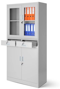 Fém iratszekrény vitrinnel és fiókokkal EDMUND, 900 x 1850 x 400 mm, szürke