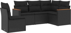 vidaXL 5 részes fekete polyrattan kerti kanapészett párnákkal